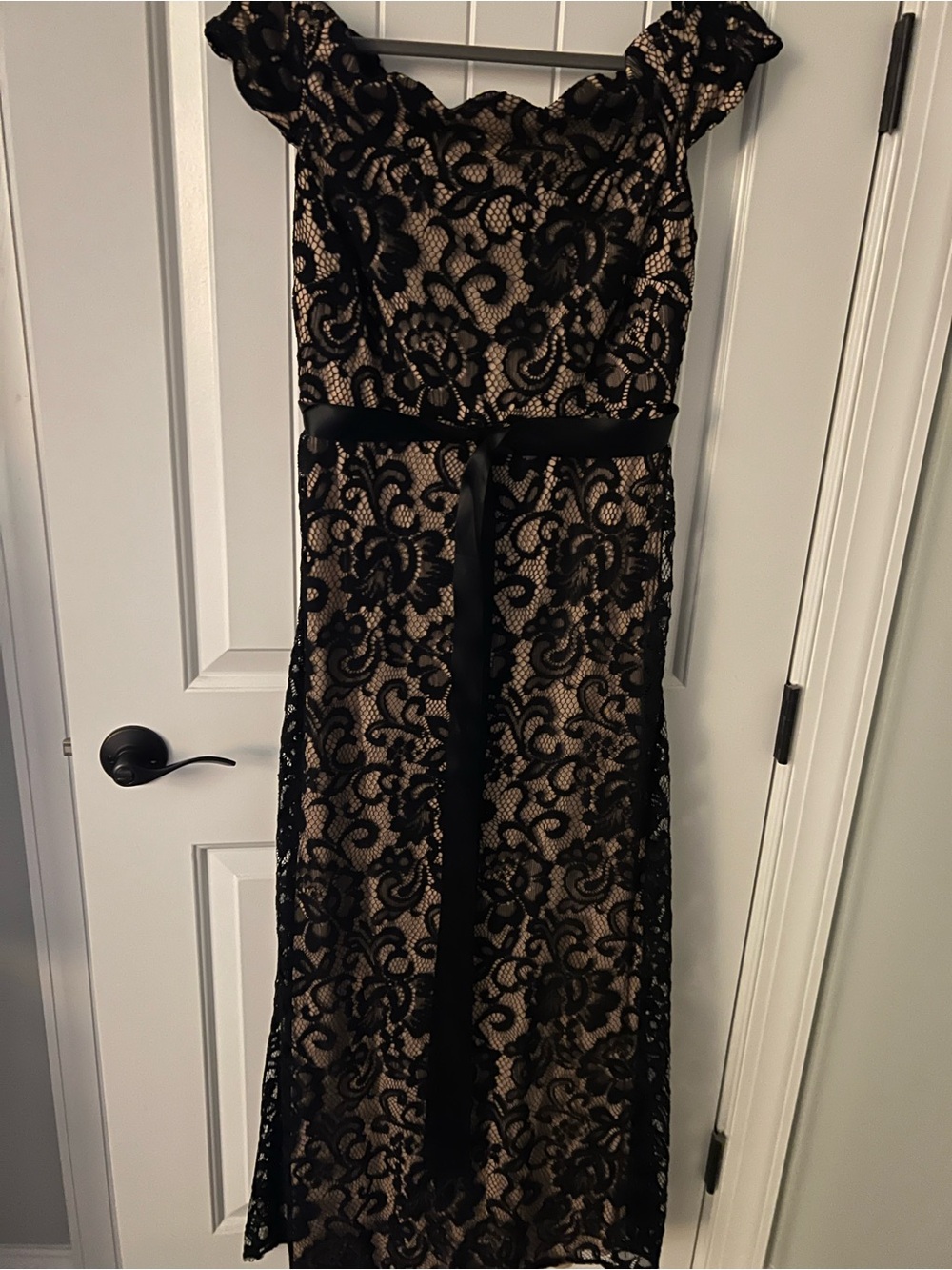 Betsy & Adam Black Lace Maxi with Nude Underlay and Waist Sash